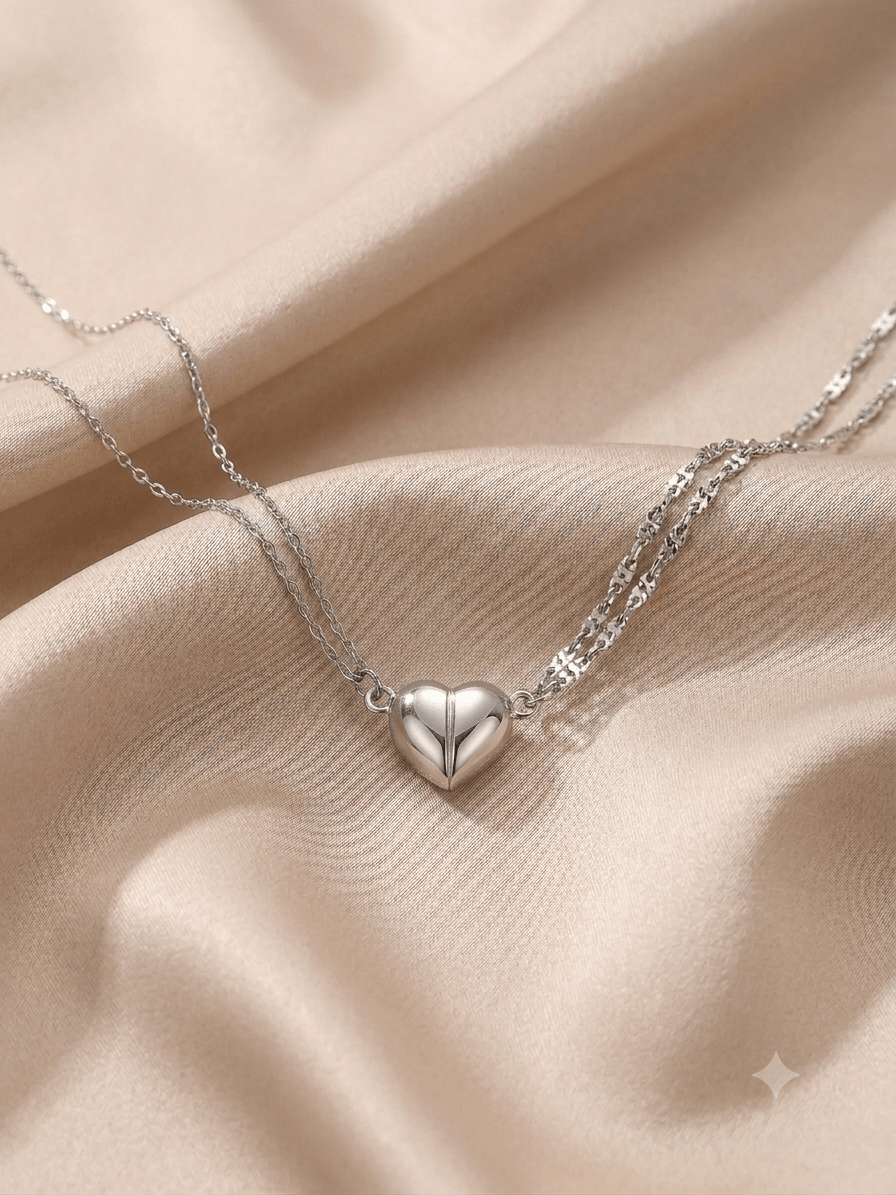 Cadena Dúo Corazón Magnético | Acero Inoxidable Plateado - Al estilo Martinez